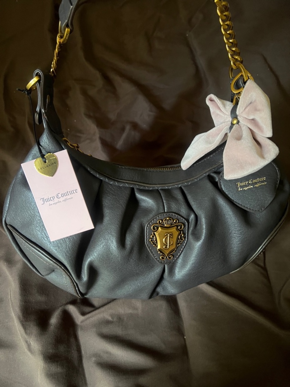 Juicy Couture Black Shoulder Hobo with Pink Velvet Bow and Gold Hardware